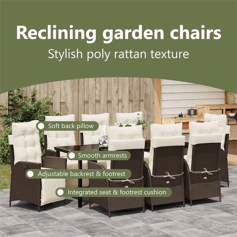 vidaXL Garden Dining Set 9 pcs Brown Poly Rattan