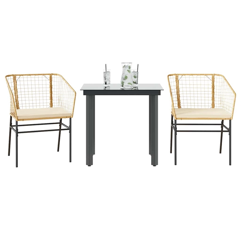 vidaXL 3 Piece Patio Dining Set with Cushions Brown Poly Rattan Glass