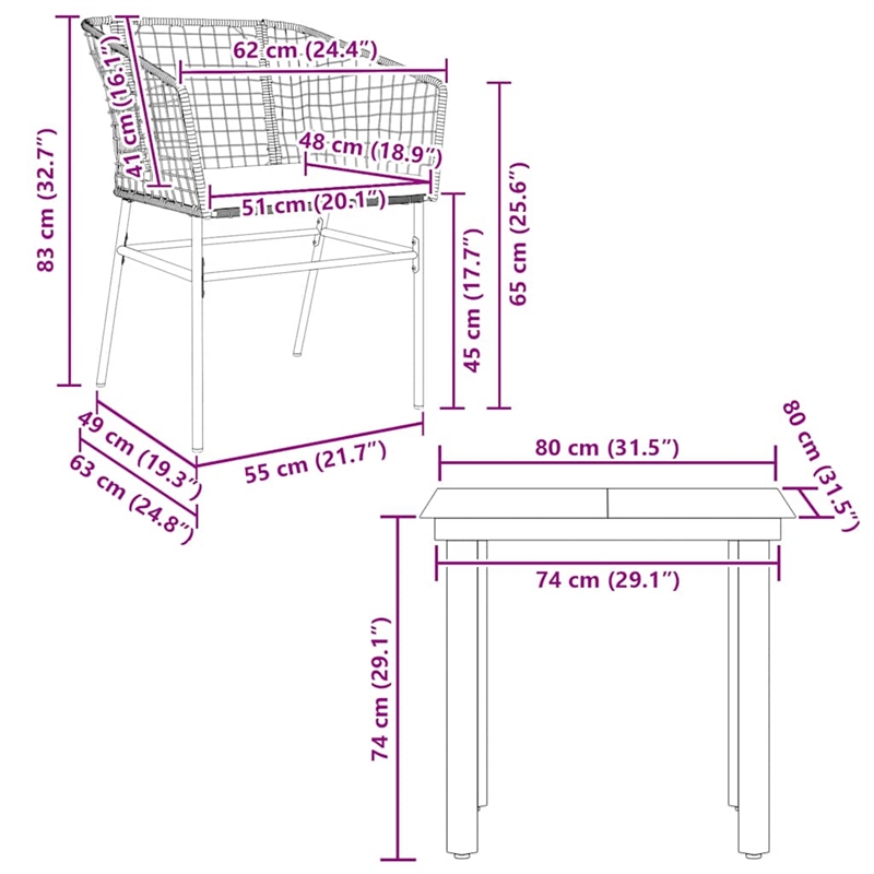 vidaXL 3 Piece Patio Dining Set with Cushions Brown Poly Rattan Glass
