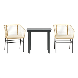 vidaXL 3 Piece Patio Dining Set with Cushions Brown Poly Rattan Glass