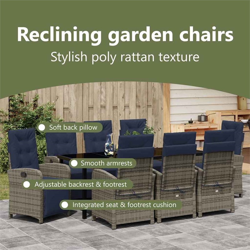 vidaXL Garden Dining Set 9 pcs Grey Poly Rattan
