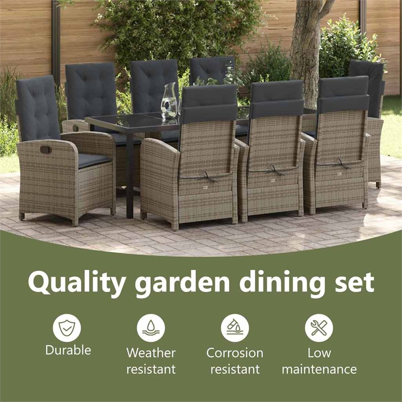 vidaXL Garden Dining Set 9 pcs Grey Poly Rattan