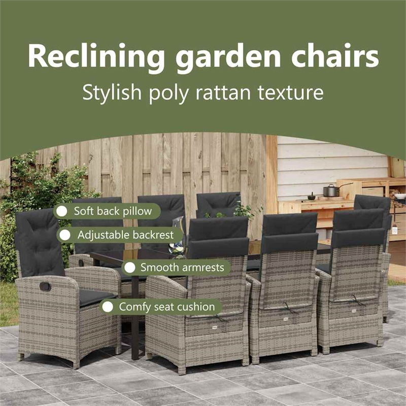 vidaXL Garden Dining Set 9 pcs Grey Poly Rattan