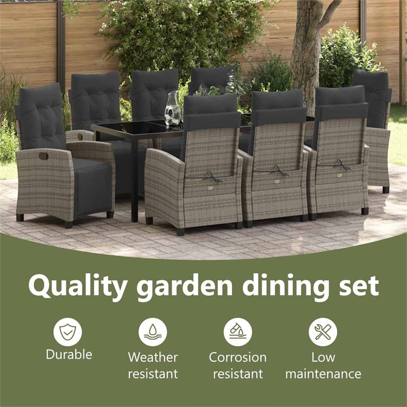 vidaXL Garden Dining Set 9 pcs Grey Poly Rattan