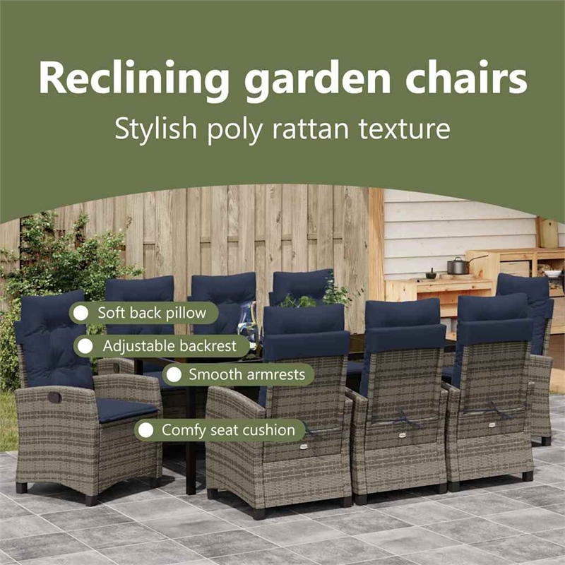 vidaXL Garden Dining Set 9 pcs Grey Poly Rattan