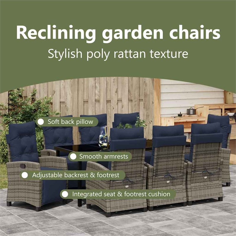 vidaXL Garden Dining Set 9 pcs Grey Poly Rattan