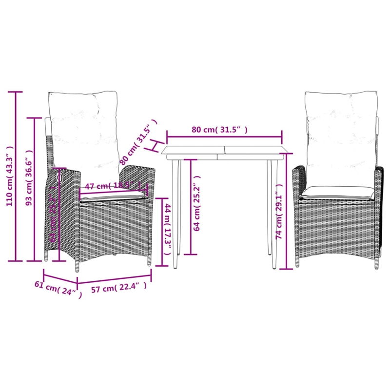 vidaXL 3 Piece Patio Dining Set with Cushions Gray Poly Rattan