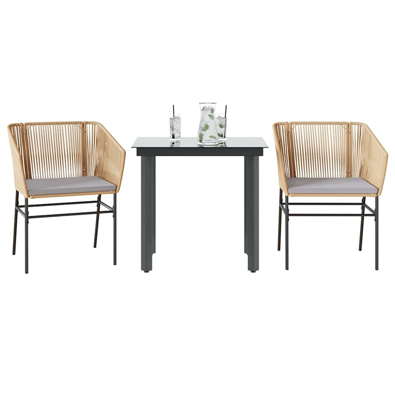 vidaXL 3 Piece Patio Dining Set with Cushions Brown Poly Rattan Glass