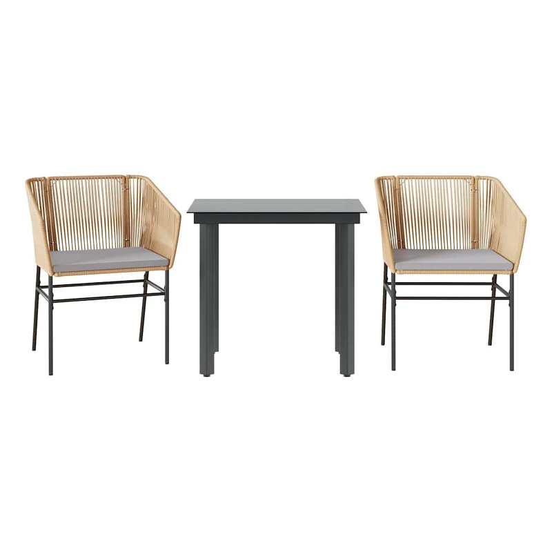 vidaXL 3 Piece Patio Dining Set with Cushions Brown Poly Rattan Glass