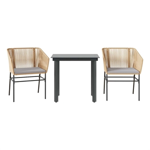 vidaXL 3 Piece Patio Dining Set with Cushions Brown Poly Rattan Glass