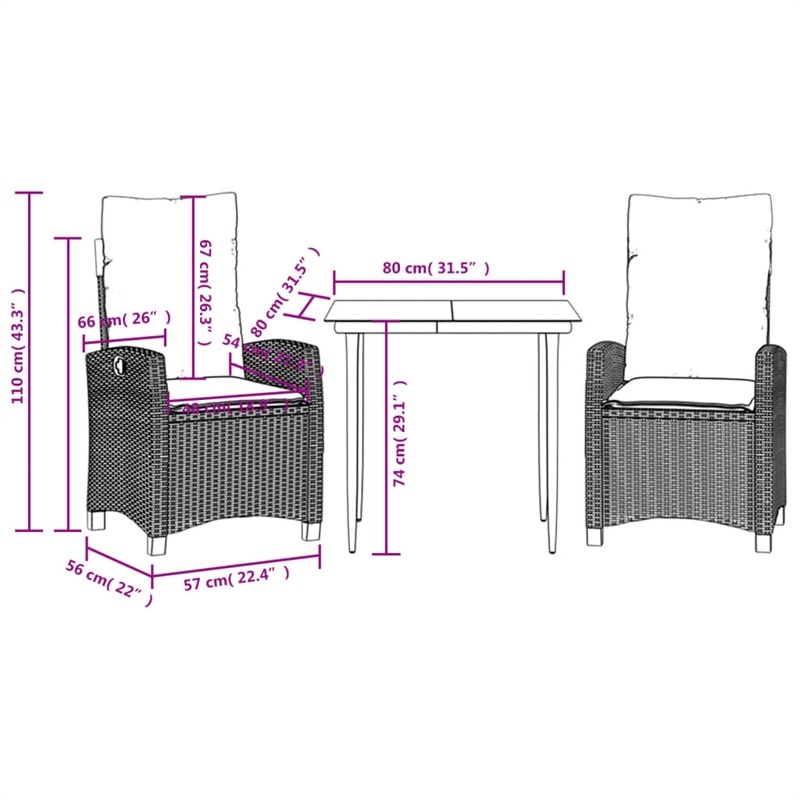 vidaXL 3 Piece Patio Dining Set with Cushions Black Poly Rattan