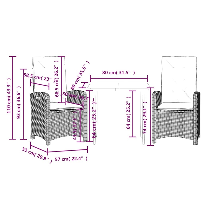 vidaXL 3 Piece Patio Dining Set with Cushions Gray Poly Rattan