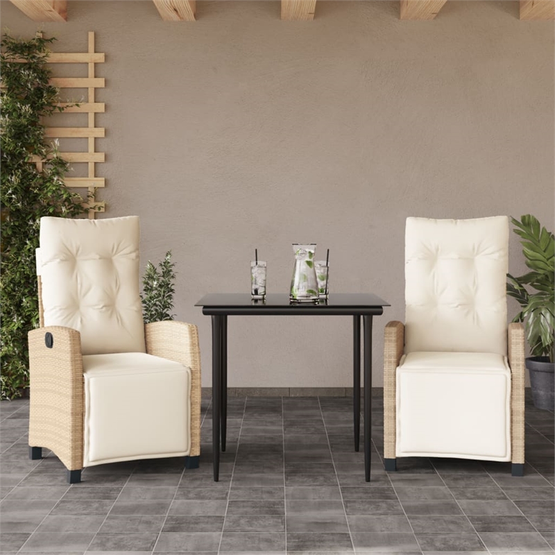 vidaXL 3 Piece Patio Dining Set with Cushions Beige Poly Rattan
