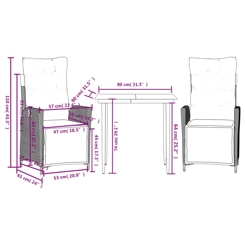 vidaXL 3 Piece Patio Dining Set with Cushions Black Poly Rattan