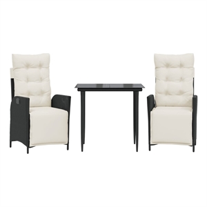 vidaXL 3 Piece Patio Dining Set with Cushions Black Poly Rattan