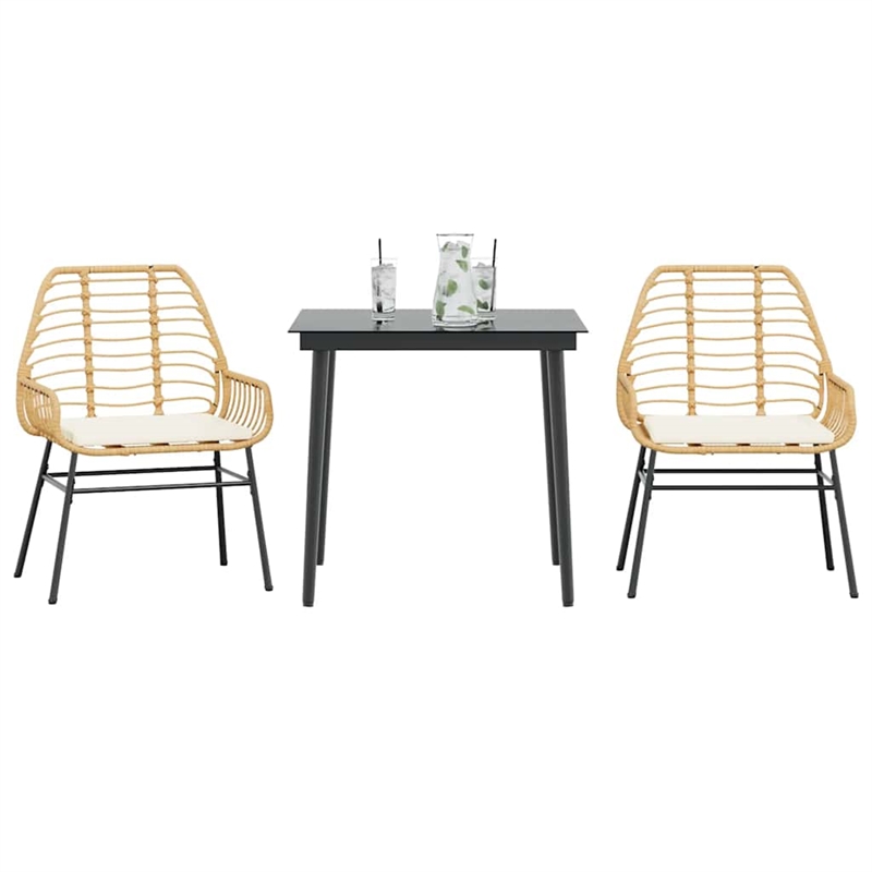 vidaXL 3 Piece Patio Dining Set with Cushions Brown Poly Rattan Glass