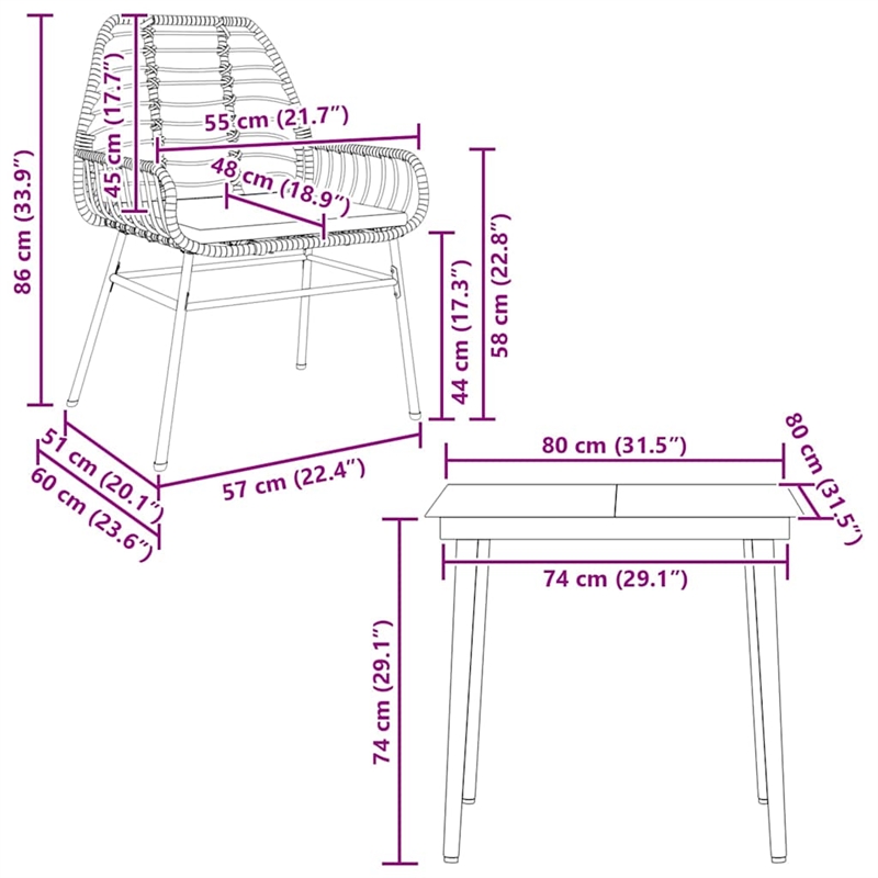 vidaXL 3 Piece Patio Dining Set with Cushions Brown Poly Rattan Glass