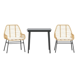 vidaXL 3 Piece Patio Dining Set with Cushions Brown Poly Rattan Glass