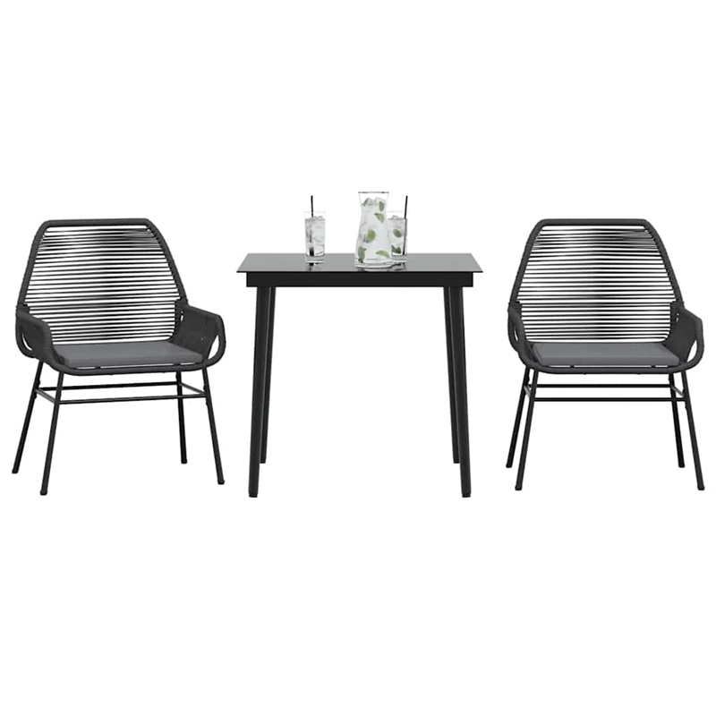 vidaXL 3 Piece Patio Dining Set with Cushions Black Poly Rattan Glass