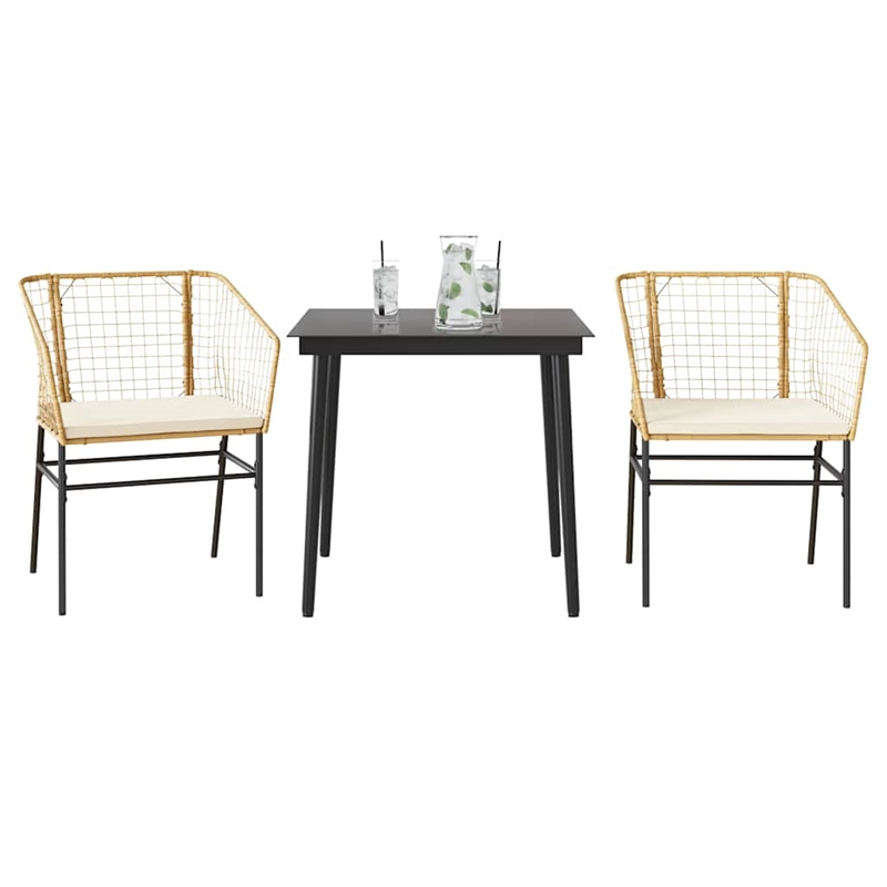 vidaXL 3 Piece Patio Dining Set with Cushions Brown Poly Rattan Glass