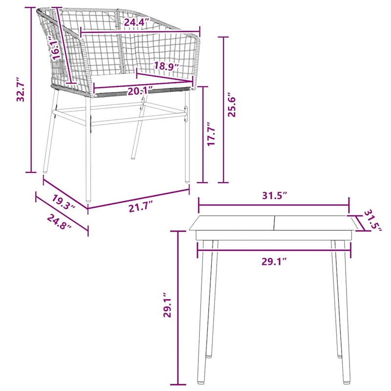 vidaXL 3 Piece Patio Dining Set with Cushions Brown Poly Rattan Glass