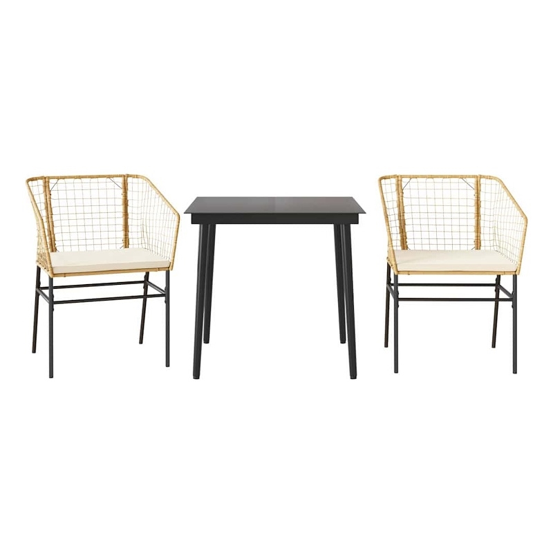 vidaXL 3 Piece Patio Dining Set with Cushions Brown Poly Rattan Glass