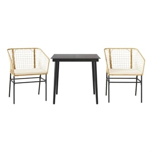 vidaXL 3 Piece Patio Dining Set with Cushions Brown Poly Rattan Glass