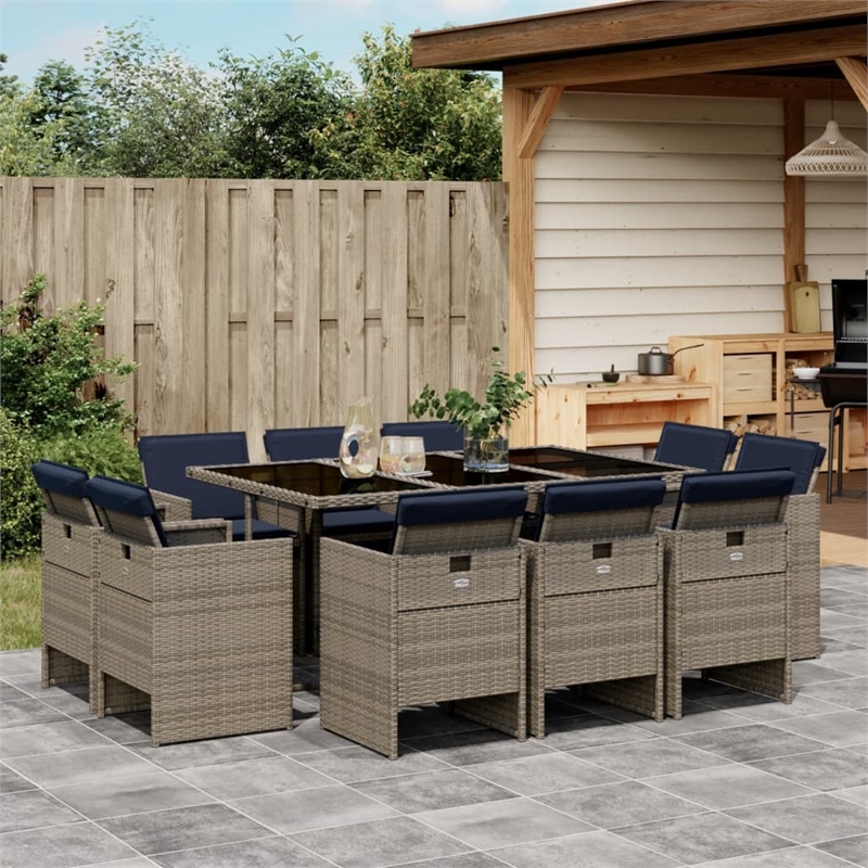 vidaXL 11 Piece Garden Dining Set with Cushions Grey Poly Rattan