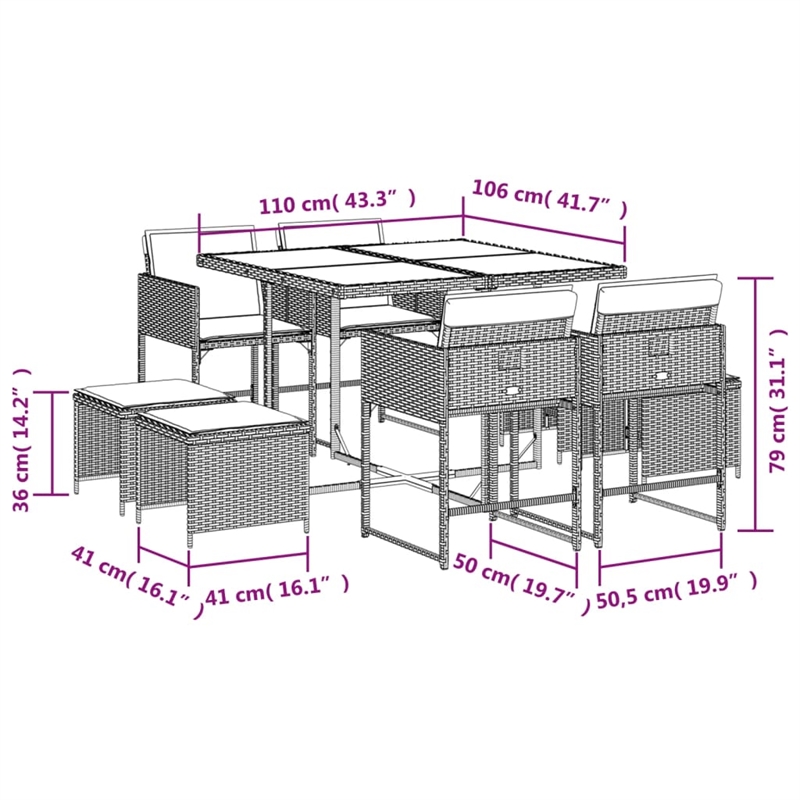 vidaXL 9 Piece Patio Dining Set with Cushions Black Poly Rattan
