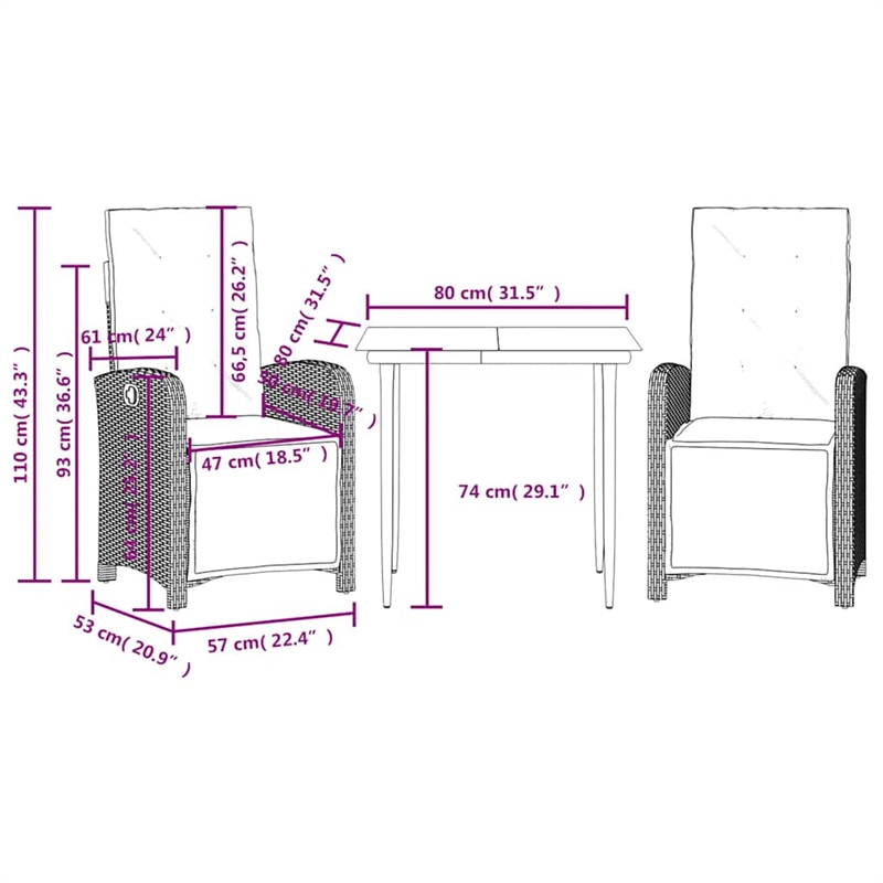vidaXL 3 Piece Bistro Set with Cushions Gray Poly Rattan