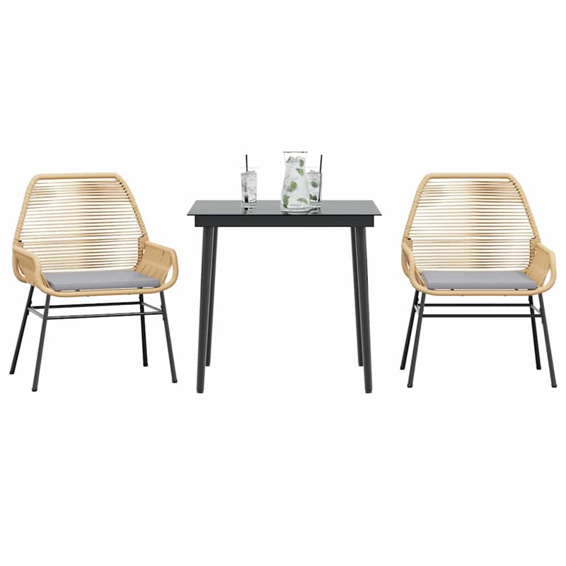 vidaXL 3 Piece Patio Dining Set with Cushions Brown Poly Rattan Glass