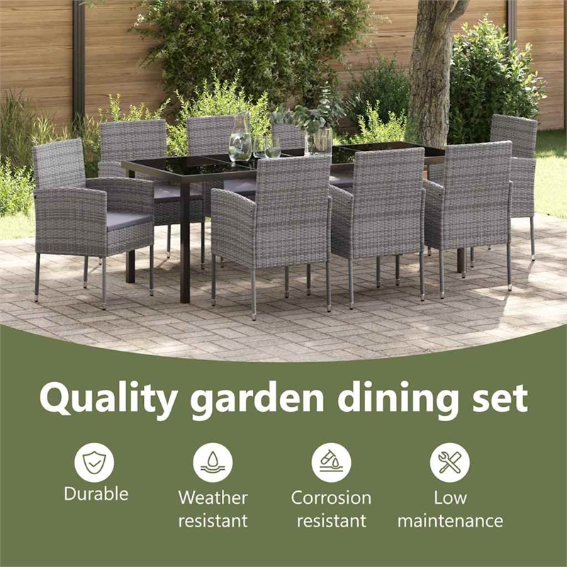 vidaXL Garden Dining Set 9 pcs Grey Poly Rattan