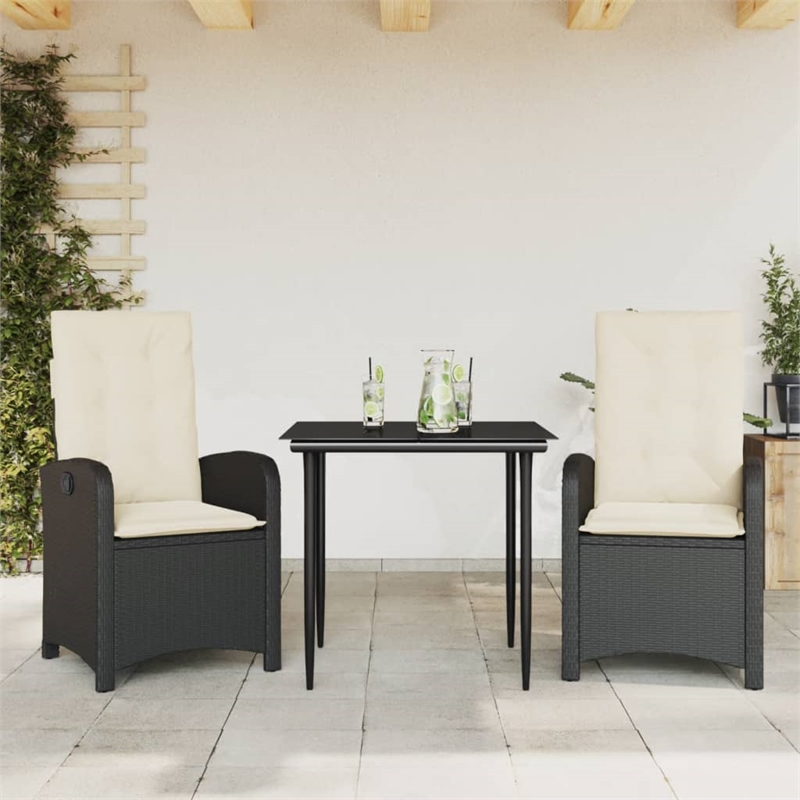 vidaXL 3 Piece Patio Dining Set with Cushions Black Poly Rattan