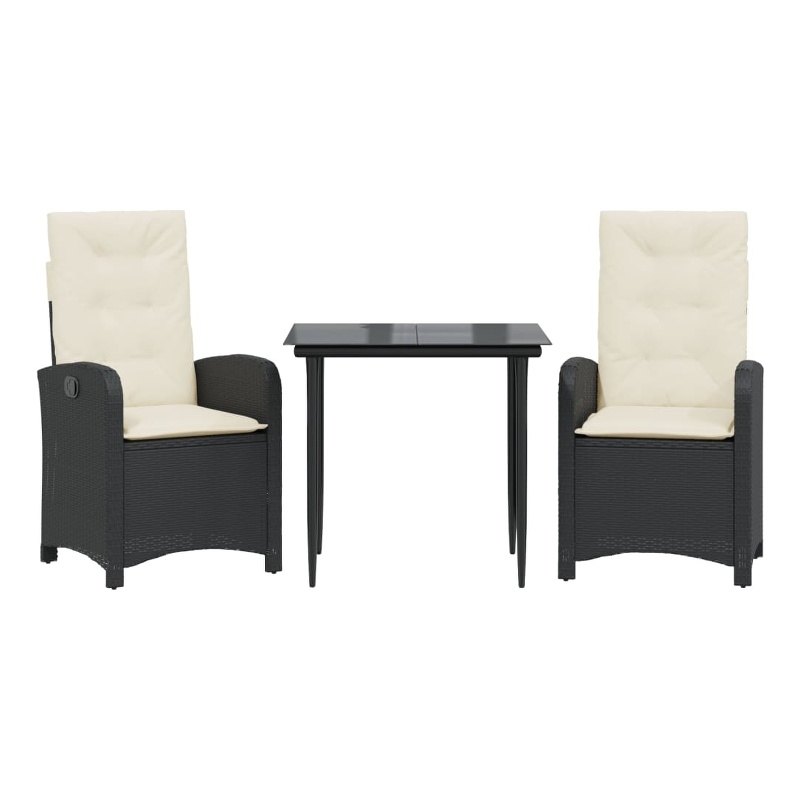 vidaXL 3 Piece Patio Dining Set with Cushions Black Poly Rattan