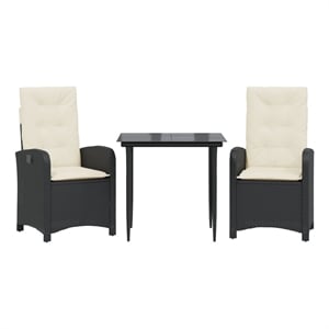 vidaXL 3 Piece Patio Dining Set with Cushions Black Poly Rattan