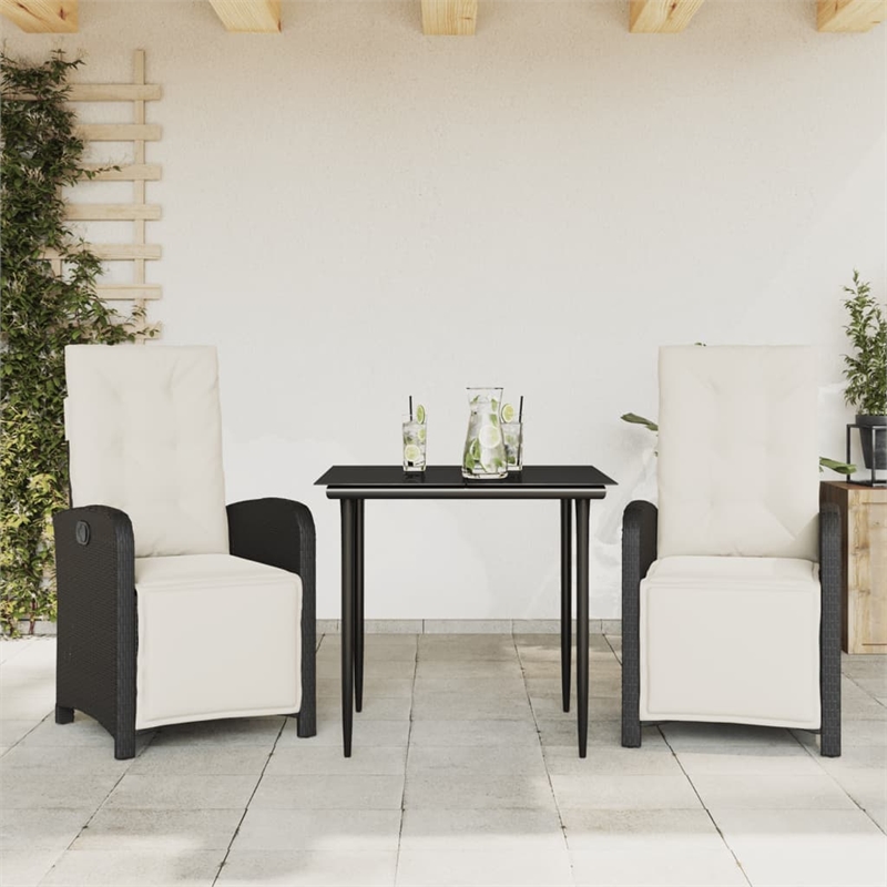 vidaXL 3 Piece Bistro Set with Cushions Black Poly Rattan