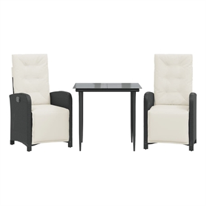 vidaXL 3 Piece Bistro Set with Cushions Black Poly Rattan
