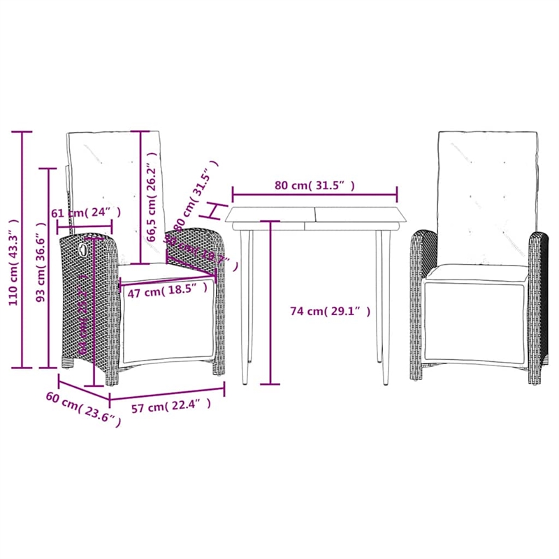 vidaXL 3 Piece Bistro Set with Cushions Gray Poly Rattan