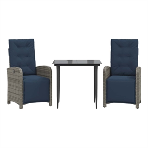 vidaXL 3 Piece Bistro Set with Cushions Gray Poly Rattan