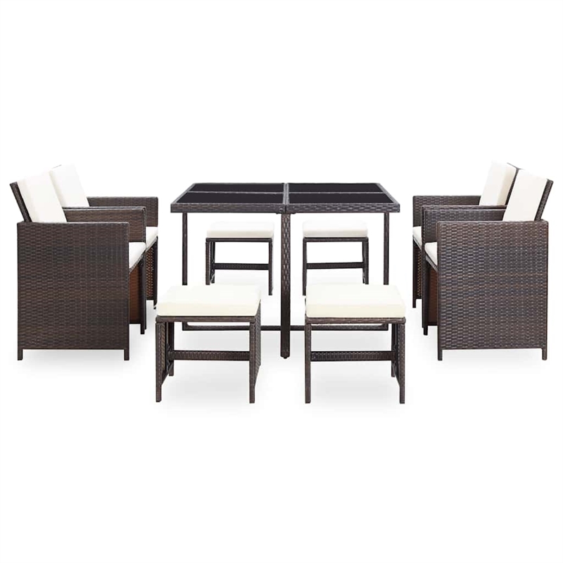 vidaXL 9 Piece Patio Dining Set with Cushions Poly Rattan Brown
