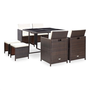 vidaXL 9 Piece Patio Dining Set with Cushions Poly Rattan Brown