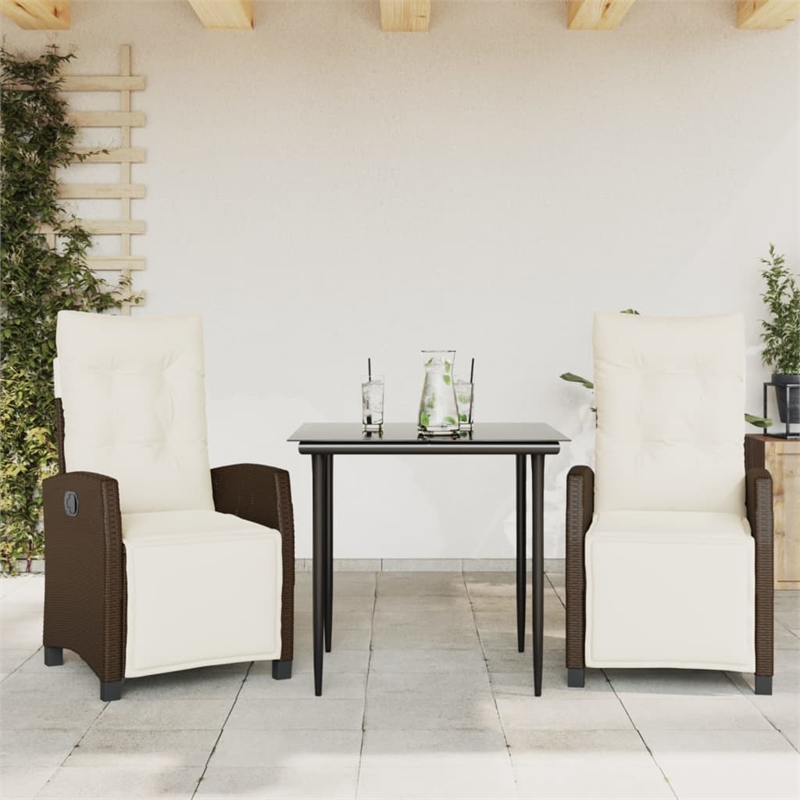 vidaXL 3 Piece Patio Dining Set with Cushions Brown Poly Rattan
