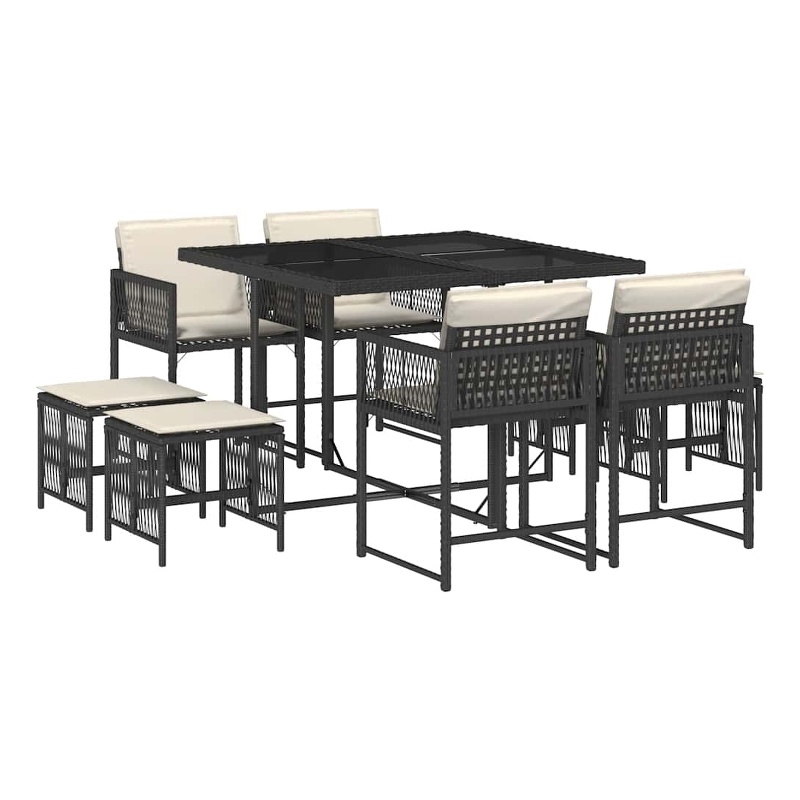 vidaXL 9 Piece Garden Dining Set with Cushions Black Poly Rattan