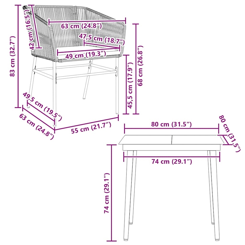 vidaXL 3 Piece Patio Dining Set with Cushions Gray Poly Rattan Glass