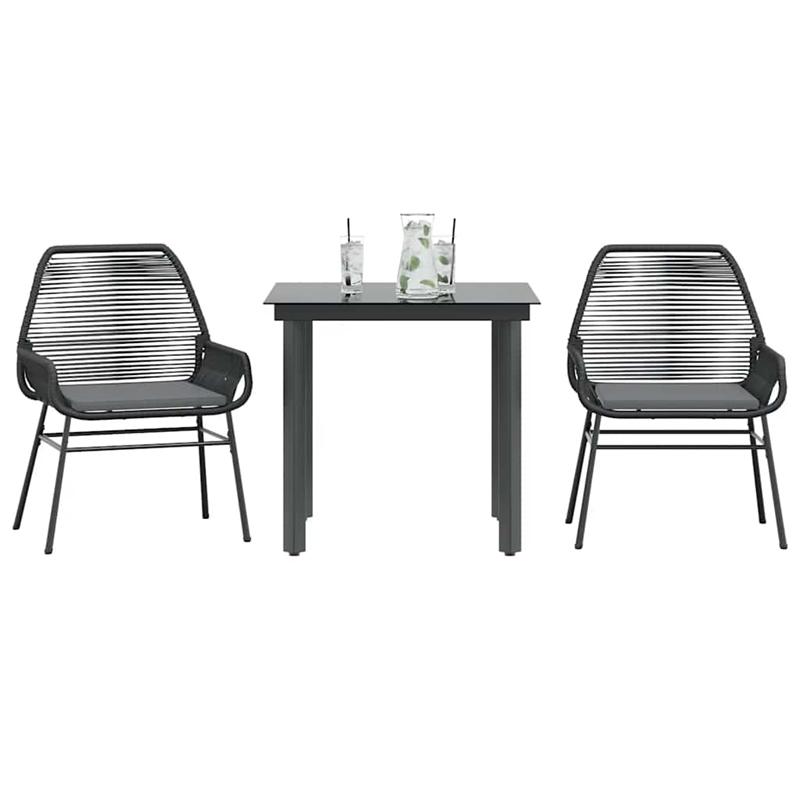 vidaXL 3 Piece Patio Dining Set with Cushions Black Poly Rattan Glass