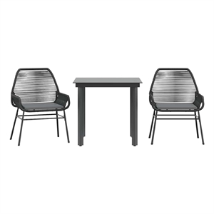 vidaXL 3 Piece Patio Dining Set with Cushions Black Poly Rattan Glass