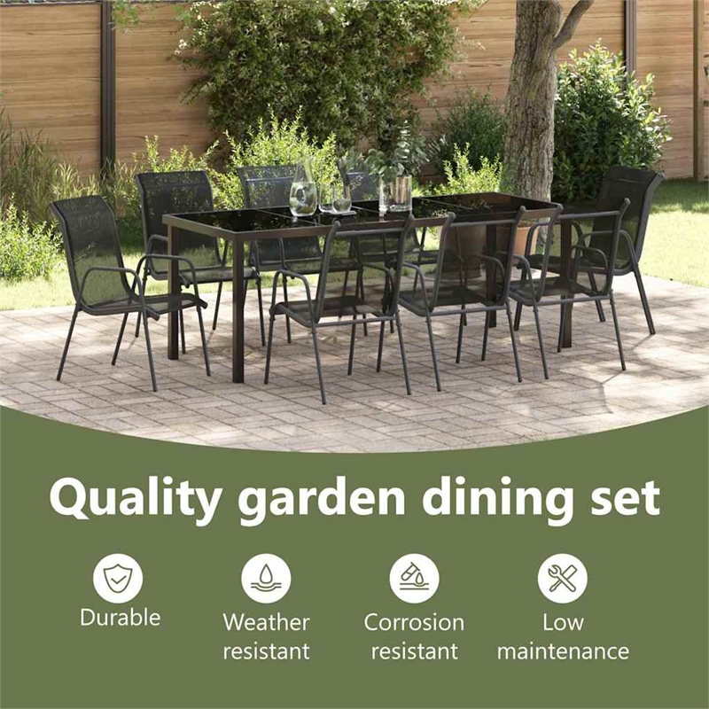 vidaXL Garden Dining Set 9 pcs Black Powder-Coated Steel