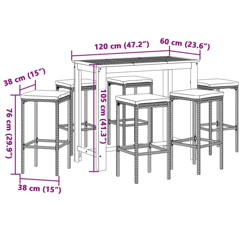 vidaXL 7 Piece Patio Bar Set Gray Solid Wood Acacia and Poly Rattan