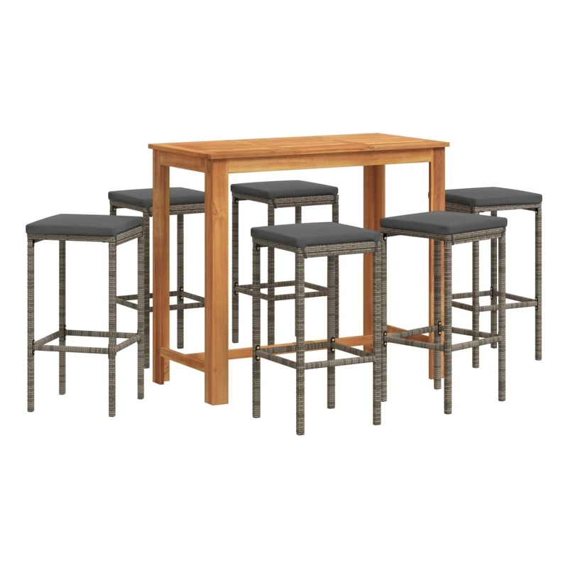 vidaXL 7 Piece Patio Bar Set Gray Solid Wood Acacia and Poly Rattan
