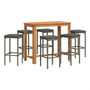 vidaXL 7 Piece Patio Bar Set Gray Solid Wood Acacia and Poly Rattan